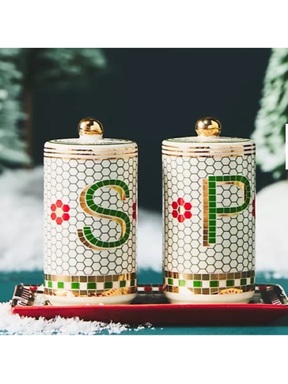 Anthropologie bistro Holiday Salt & Pepper Set in White and Green